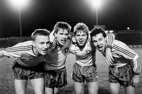 Sveriges målskyttar Kennet Andersson, Jan Jansson, Tomas