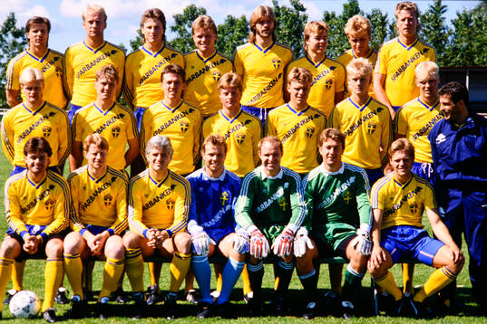 Den svenska VM-truppen. Bakre raden fr.v: Roland Nilsson,