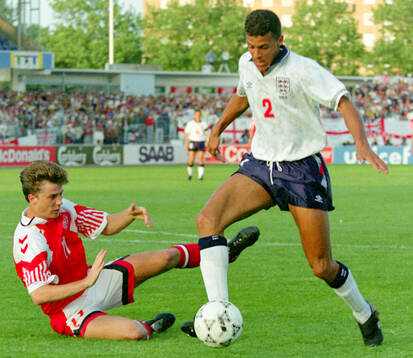 Englands Keith Curle (R) against Denmarks Brian Laudrup