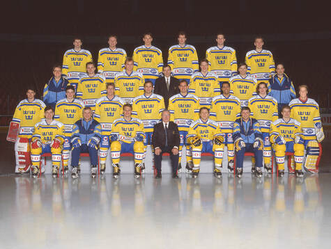Players and team staff of Sweden pose for a team photo