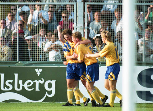 Patrik Andersson, Jan Eriksson och Tomas Brolin, Sverige,