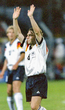Germanys Thomas Hassler celebrates his equalizing goal in