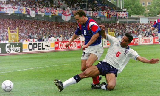 France’s Jean-Pierre Papin against Englands Des Walker