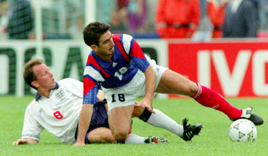 France’s Eric Cantona against Englands Trevor Steven
