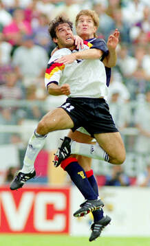 Germanys Karl-Heinz Riedle against Scotlands Richard Gough