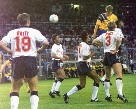 Swedens Jan Eriksson scores the equalizing goal for 1-1