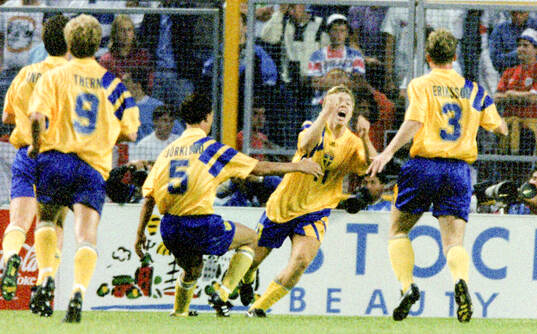 Swedens Tomas Brolin celebrates his winning goal to 2-1
