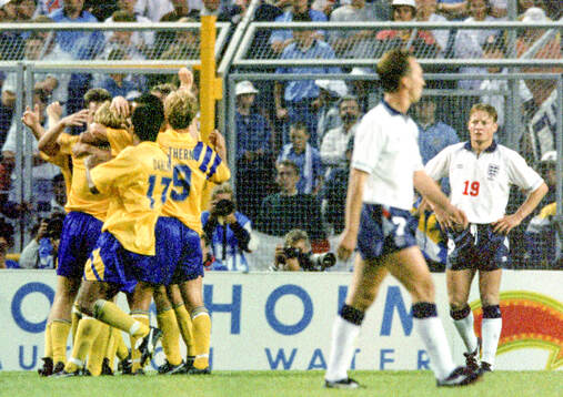 Swedens Tomas Brolin celebrates his winning goal to 2-1