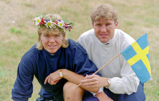 Swedens Tomas Brolin and Jan Eriksson with a midsummer