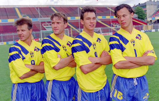 Swedens back line: L-R: Roland Nilsson, Jan Eriksson,