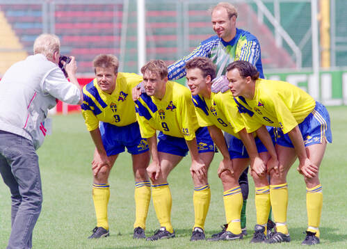 Swedens goalkeeper Thomas Ravelli with his back line: L-R: