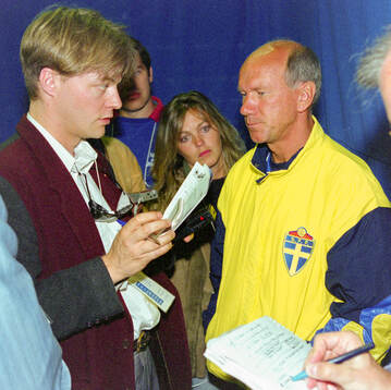 Swedens manager Tommy Svensson talks to the press