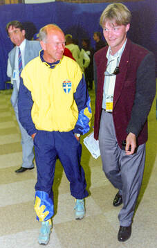 Swedens manager Tommy Svensson talks to the press