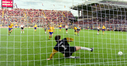 Swedens Tomas Brolin scores