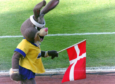 The Euro mascot Berni with a Danish flag at Ullevi Stadium