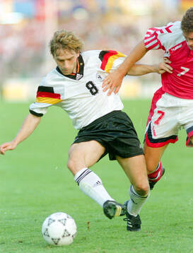 Germanys Thomas Hassler against Denmarks John Jensen