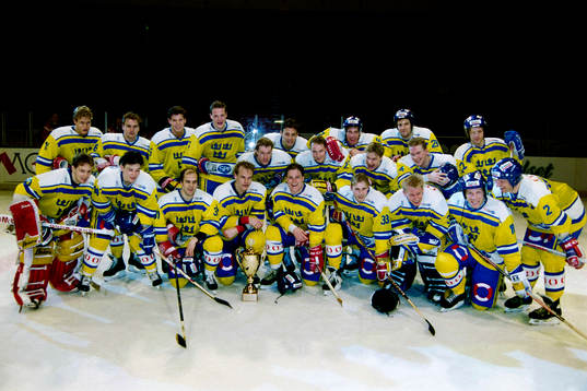 Sveriges segrande lag med bl, a Peter Forsberg, Charles