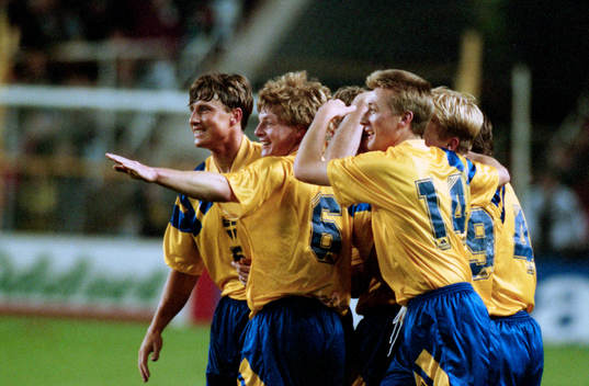 Roger Ljung, Stefan Schwarz och Stefan Landberg, jublar