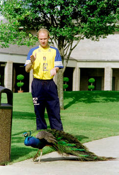 Thomas Ravelli med en påfågel