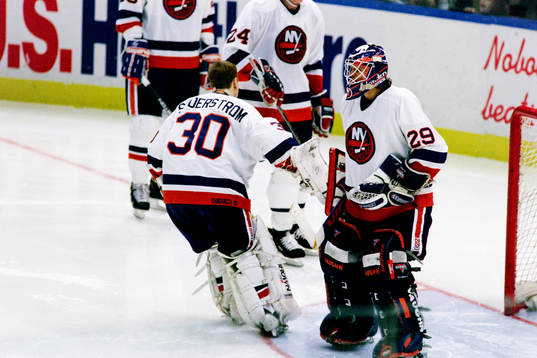 Tommy Söderström och Jamie McLennan, målvakt, Islanders
