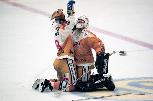 Boo Ahl och Mathias Svedberg i HV71 jublar när sm-guldet