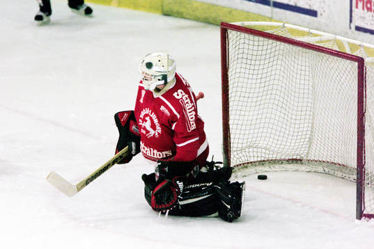Pucken i mål bakom trojas målvakt Henrik Arvsell