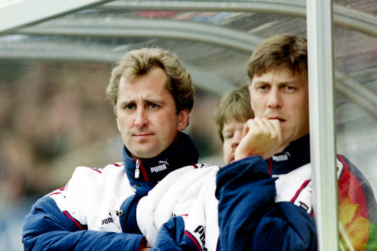Erik Hamrén, tränare och Kjell Jonevret, ass. tränare i