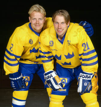 Mats Sundin and Peter Forsberg of Sweden pose for a portrait